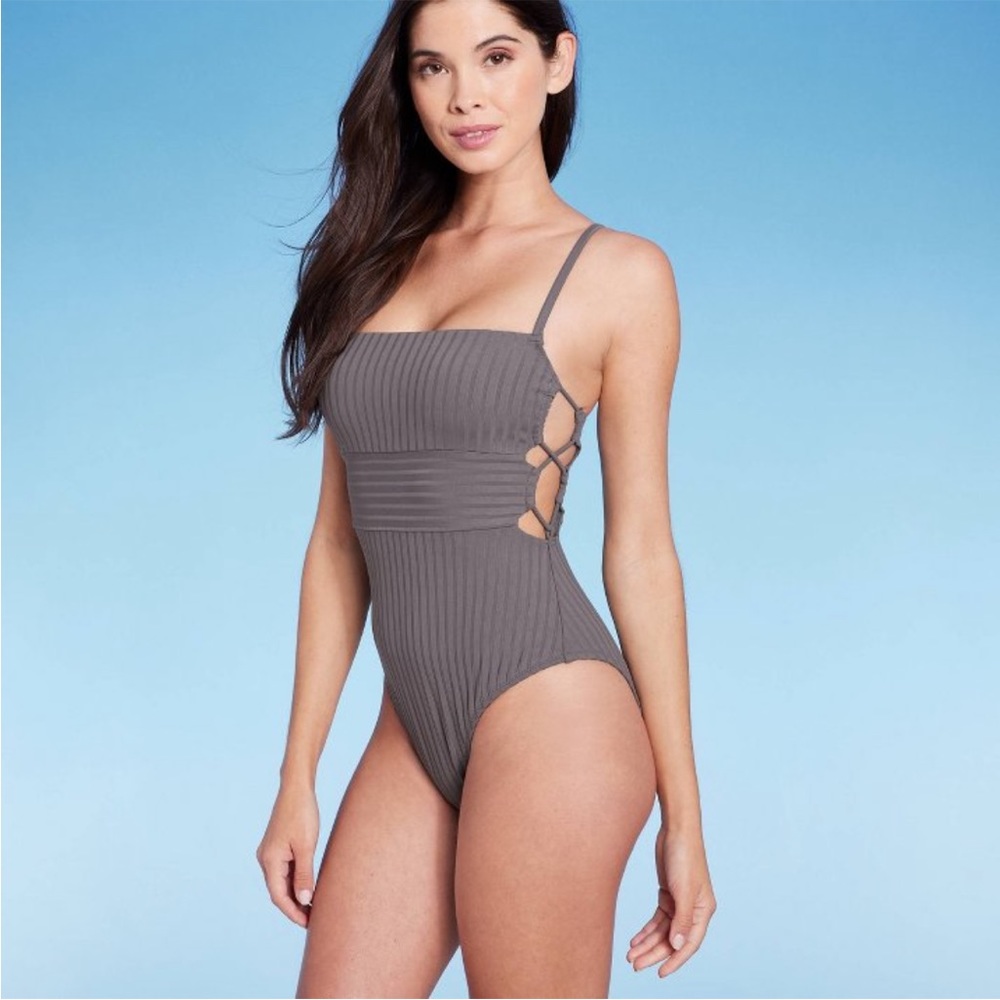 Ribbed Charcoal Gray Swimsuit Large NWT